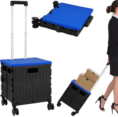 Folding Utility Cart, Portable Rolling Cart with 4 Rotate Wheels, Foldable Shopping Cart with Telescopic Handle for Grocery, Office, Storage, Made from Heavy Duty Plastic, Black in Saudi Arabia