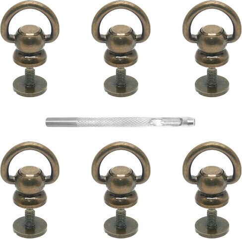 Moicstiy 6Set D-Ring Head Button Studs Solid Brass Button Stud Screws 360 Degree Rotating D-Ring Leather Button Nail Rivet with Punch for Bag, Belt, Craft, DIY Decoration (Antique Bronze, Small D) in Saudi Arabia