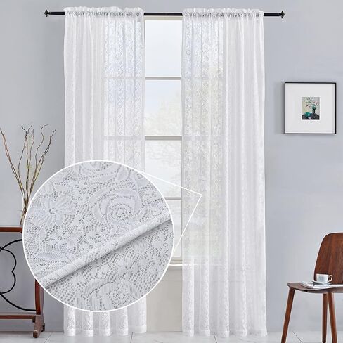 Lace Curtains 84 Inches Long - Crochet Rose Floral Sheer Lace Curtains for Bedroom, Shabby Chic White Lace Sheer Curtains for Light Filtering and Privacy, 52 x 84 Inch, 2 Panels, Off White in Saudi Arabia