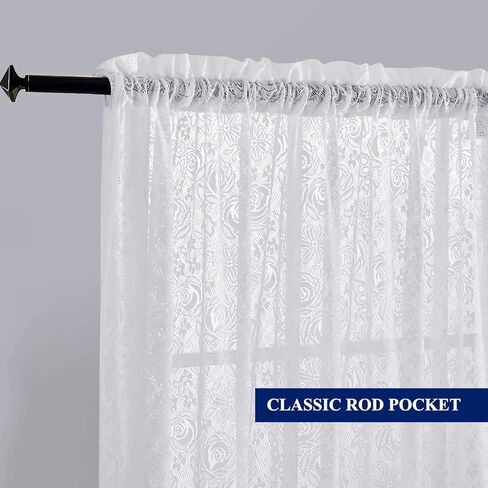 Lace Curtains 84 Inches Long - Crochet Rose Floral Sheer Lace Curtains for Bedroom, Shabby Chic White Lace Sheer Curtains for Light Filtering and Privacy, 52 x 84 Inch, 2 Panels, Off White in Saudi Arabia