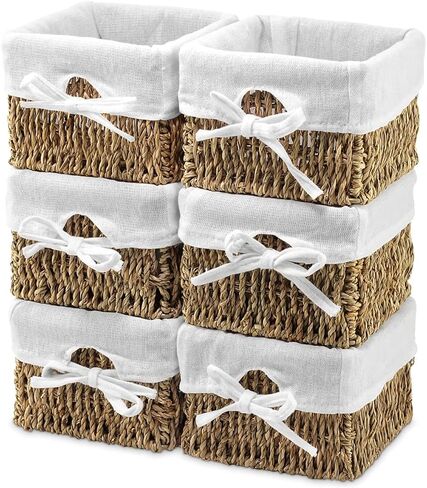 EZOWare Set of 6 Woven Paper Rope Wicker Storage Nest Baskets Organizer Container Bins with Liner for Nursery Kids Baby Closets, Room Decor, Towels, Gift Baskets Empty - White (5.5 x 5.5 x 4") in Saudi Arabia