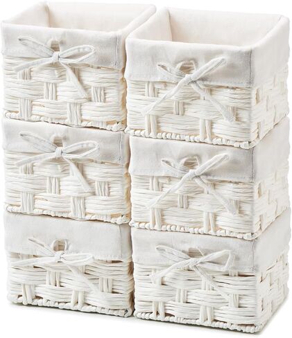EZOWare Set of 6 Woven Paper Rope Wicker Storage Nest Baskets Organizer Container Bins with Liner for Nursery Kids Baby Closets, Room Decor, Towels, Gift Baskets Empty - White (5.5 x 5.5 x 4") in Saudi Arabia