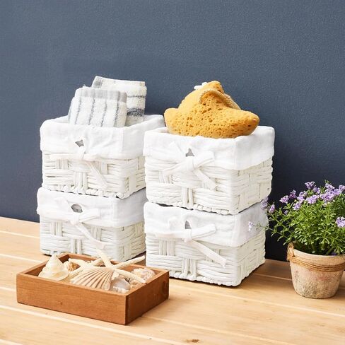 EZOWare Set of 6 Woven Paper Rope Wicker Storage Nest Baskets Organizer Container Bins with Liner for Nursery Kids Baby Closets, Room Decor, Towels, Gift Baskets Empty - White (5.5 x 5.5 x 4") in Saudi Arabia