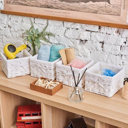 EZOWare Set of 6 Woven Paper Rope Wicker Storage Nest Baskets Organizer Container Bins with Liner for Nursery Kids Baby Closets, Room Decor, Towels, Gift Baskets Empty - White (5.5 x 5.5 x 4") in Saudi Arabia