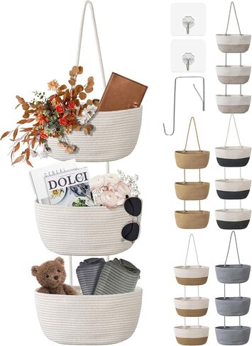 3 Tier Wall Mounted Woven Hanging Basket, Over the Door Hanging Basket with Hooks, Decorative Storage Hanging Closet Removable, Large Wall Basket for Living Room, Bedroom, Kitchen (Brown) in Saudi Arabia