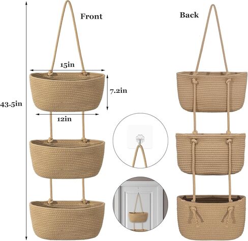 3 Tier Wall Mounted Woven Hanging Basket, Over the Door Hanging Basket with Hooks, Decorative Storage Hanging Closet Removable, Large Wall Basket for Living Room, Bedroom, Kitchen (Brown) in Saudi Arabia