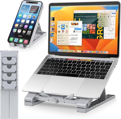 حامل كمبيوتر محمول قابل للتعديل للمكتب - قابل للطي وخفيف الوزن، 6 إعدادات ارتفاع، حامل هاتف قابل للفصل، متوافق مع كمبيوتر محمول ماك بوك - تصميم مريح للسفر - رمادي in Kuwait