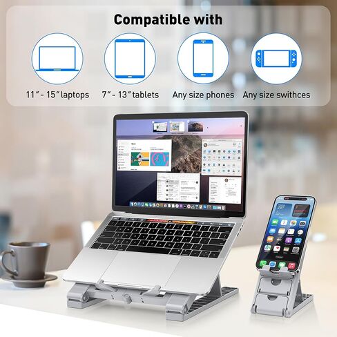 حامل كمبيوتر محمول قابل للتعديل للمكتب - قابل للطي وخفيف الوزن، 6 إعدادات ارتفاع، حامل هاتف قابل للفصل، متوافق مع كمبيوتر محمول ماك بوك - تصميم مريح للسفر - رمادي in Kuwait