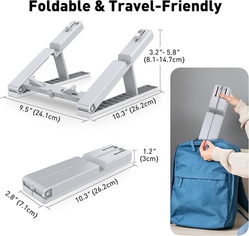 حامل كمبيوتر محمول قابل للتعديل للمكتب - قابل للطي وخفيف الوزن، 6 إعدادات ارتفاع، حامل هاتف قابل للفصل، متوافق مع كمبيوتر محمول ماك بوك - تصميم مريح للسفر - رمادي in Kuwait