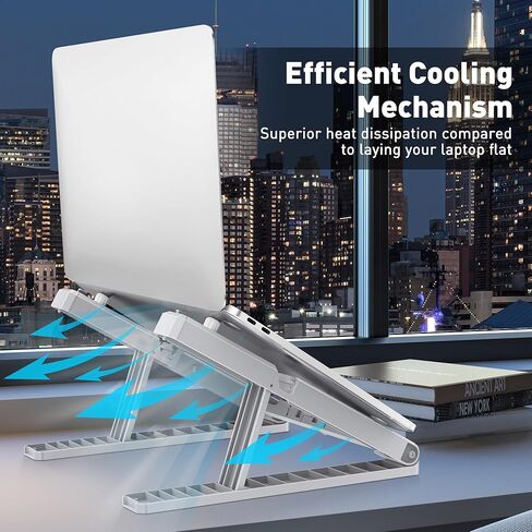 حامل كمبيوتر محمول قابل للتعديل للمكتب - قابل للطي وخفيف الوزن، 6 إعدادات ارتفاع، حامل هاتف قابل للفصل، متوافق مع كمبيوتر محمول ماك بوك - تصميم مريح للسفر - رمادي in Kuwait