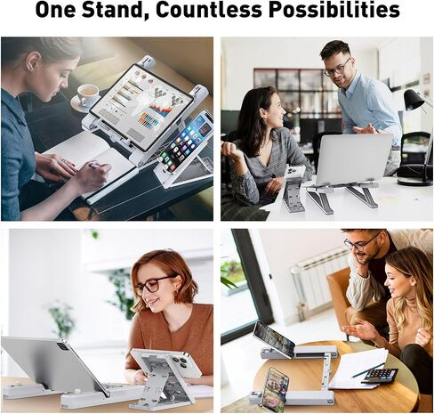 حامل كمبيوتر محمول قابل للتعديل للمكتب - قابل للطي وخفيف الوزن، 6 إعدادات ارتفاع، حامل هاتف قابل للفصل، متوافق مع كمبيوتر محمول ماك بوك - تصميم مريح للسفر - رمادي in Kuwait