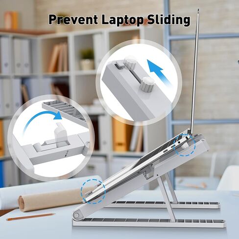 حامل كمبيوتر محمول قابل للتعديل للمكتب - قابل للطي وخفيف الوزن، 6 إعدادات ارتفاع، حامل هاتف قابل للفصل، متوافق مع كمبيوتر محمول ماك بوك - تصميم مريح للسفر - رمادي in Kuwait