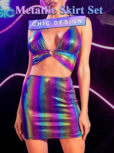 Kakaco Metallic Holograhic Skirt with Crop Top Sequence 2 Piece Outfits Sexy Rave Skirt Costume for Women in Saudi Arabia