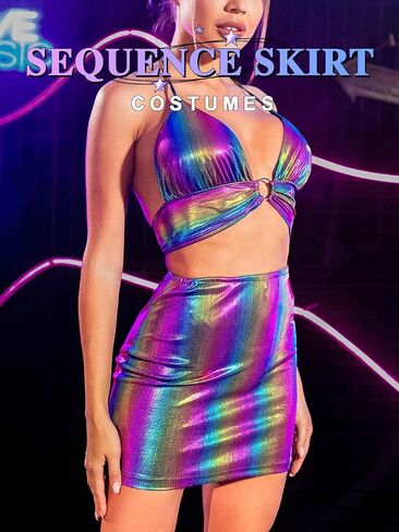 Kakaco Metallic Holograhic Skirt with Crop Top Sequence 2 Piece Outfits Sexy Rave Skirt Costume for Women in Saudi Arabia