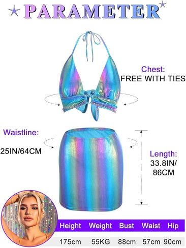 تنورة هولوجراهيك معدنية من Kakaco مع تسلسل علوي قصير مكون من قطعتين ملابس مثيرة تنورة الهذيان للنساء in Kuwait