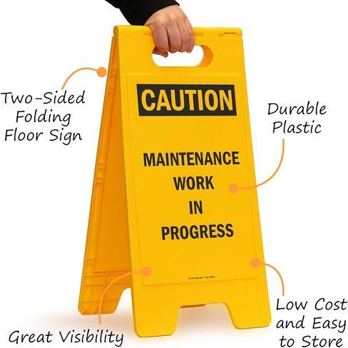 SmartSign 25 × 12 بوصة "تحذير - أعمال الصيانة جارية" لافتة أرضية قابلة للطي على الوجهين، بلاستيك بولي بروبيلين مطبوع رقميًا، أسود وأصفر in Saudi Arabia