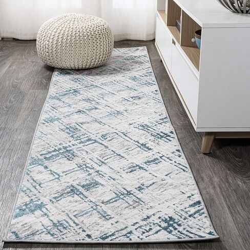 JONATHAN Y SOR201A-28 Slant Modern Abstract Indoor Area -Rug Contemporary Solid Striped Easy -Cleaning Bedroom Kitchen Living Room Non Shedding, 2 ft x 8 ft, Gray/Turquoise in Saudi Arabia