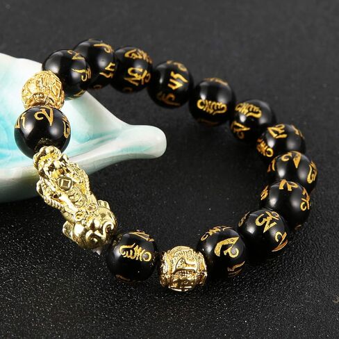 سوار رجالي أسود منحوت يدويًا سوار من الخرز الذهبي Pi Xiu/Pi Yao يجذب الثروة والحظ in Kuwait