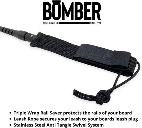 مقود Bomber Premium Surfboard من شركة Surf Repair Co. | سلك بولي يوريثان عالي القوة، مقود مقاوم للتشابك مع نظام دوار مزدوج، حبل ساق مستقيم لجميع أنواع ألواح ركوب الأمواج وألواح التجديف (أسود شفاف، 7 بوصات) in Saudi Arabia