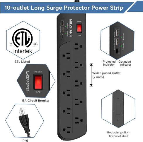 Power Strip with USB C - 12 Widely Outlets with 2 USB Charging Ports+1 USB C Total 3.1 A, 6 ft long Heavy Duty Extension Cord,Overload Surge Protection, Surge Protector Wall Mount for Home (Black) in Saudi Arabia