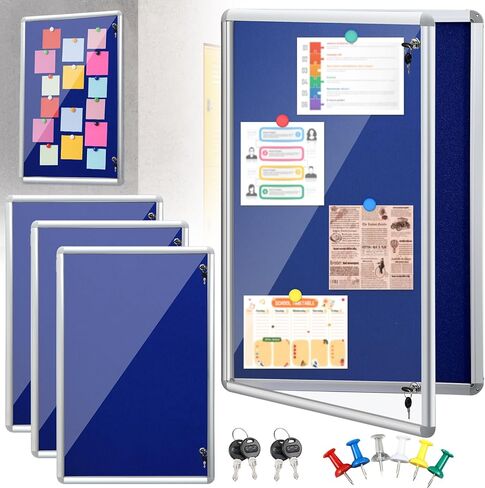 4 مجموعات من لوحات الإعلانات المغلقة من Blulu، لوحة ملاحظات قابلة للقفل ومضادة للرياح في الهواء الطلق مع باب قابل للقفل لإشعارات مكتب المدرسة المنزلية، قماش أزرق، 24 × 36 بوصة in Kuwait