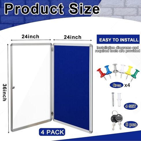 4 مجموعات من لوحات الإعلانات المغلقة من Blulu، لوحة ملاحظات قابلة للقفل ومضادة للرياح في الهواء الطلق مع باب قابل للقفل لإشعارات مكتب المدرسة المنزلية، قماش أزرق، 24 × 36 بوصة in Kuwait