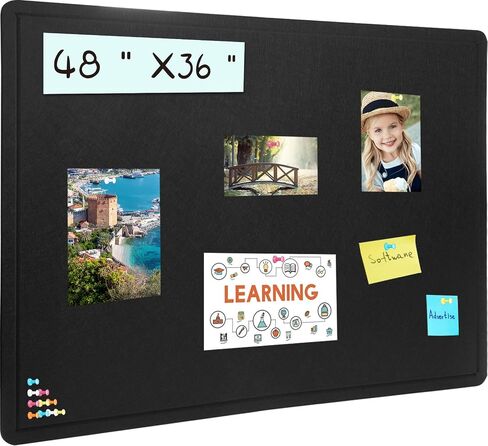 Large Bulletin Board, 48 X 36 inches Cork Board with 30 Pushpin, 4' x 3' Felt Cork Board Notice Pin Board, Self-Adhesive Vision Board Mood Board Foldable Photo Board for Wall - Black in Kuwait