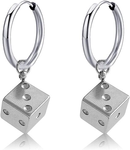 Funny Punk Cool 3D Stainless Steel Dice Dangle Drop Huggie Hoop Earrings for Women Girls Men Statement Night Club Party Jewelry in Kuwait
