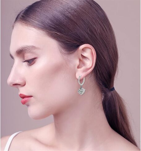 Funny Punk Cool 3D Stainless Steel Dice Dangle Drop Huggie Hoop Earrings for Women Girls Men Statement Night Club Party Jewelry in Kuwait