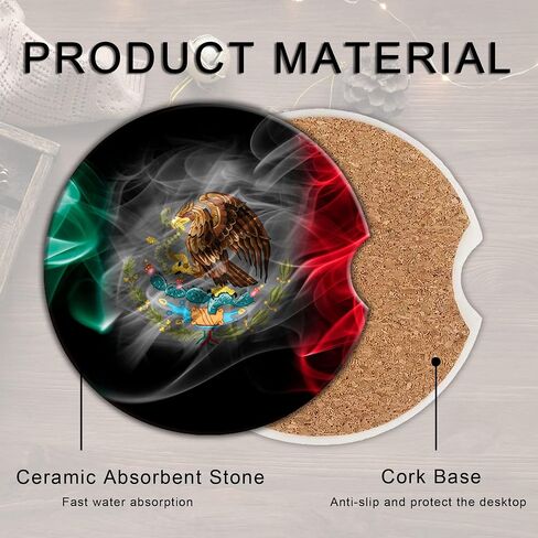 Flag Absorbent Car Mexico Smoke Cup Holder Coaster 2 Pack,Ceramic Stone Coaster with a Finger Notch for Most Cars Interior in Saudi Arabia