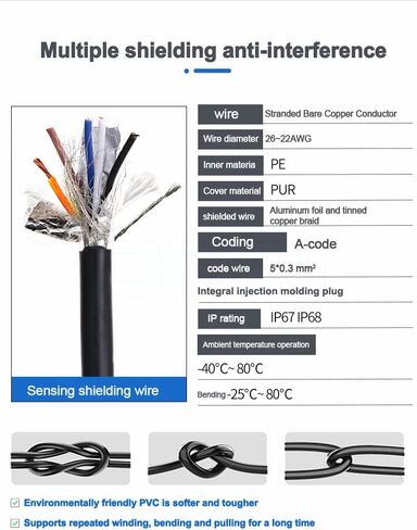 DRRI M12 Sensor Connector 5pin A Code Male to Female Molded Industrial Cable for Robots and Drag Chains in Saudi Arabia
