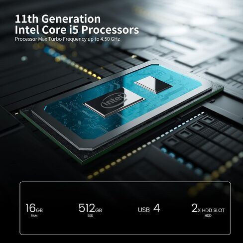 كمبيوتر مكتبي MINIFORUM EliteMini TH50 Mini PC الجيل الحادي عشر Core i5-11320H، ذاكرة وصول عشوائي 16 جيجابايت، 512 جيجابايت NVMe SSD، مخرجات HDMI/DP/Thunderbolt 4(8K@60 هرتز)، 2x2.5G RJ45، 6xUSB، فتحة 2xHDD، رسومات Iris Xe (متجددة) in Saudi Arabia