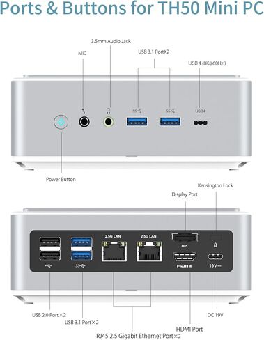 كمبيوتر مكتبي MINIFORUM EliteMini TH50 Mini PC الجيل الحادي عشر Core i5-11320H، ذاكرة وصول عشوائي 16 جيجابايت، 512 جيجابايت NVMe SSD، مخرجات HDMI/DP/Thunderbolt 4(8K@60 هرتز)، 2x2.5G RJ45، 6xUSB، فتحة 2xHDD، رسومات Iris Xe (متجددة) in Saudi Arabia