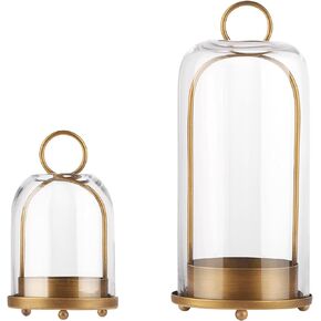 5" & 4" Wide Versatile Metal Candle Holder with Handmade Sturdy Glass Dome in Brass for Pillar Candle & Plants, 5.1" xH11.8 4" xH7.5, Industrial, Farmhouse, Shabby Chic. (2, Brass, Large & Small)