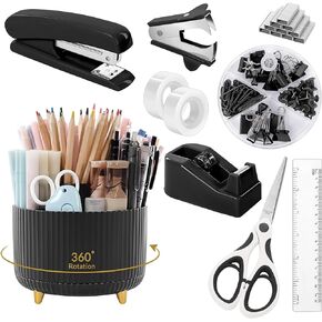 SKYDUE Pink Desk Organizers and Accessories 10Pcs, Pink Office Supplies, Pencil Holder for Desk, Stapler, Tape Dispenser, Scissors, Ruler, Clips and 1000pcs Staples,Pink Desk Accessories for Women