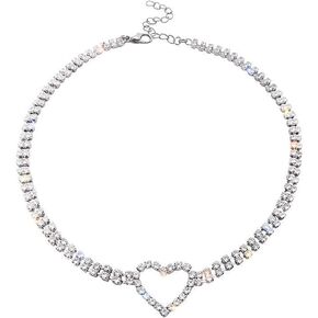 tenghong2021 Vintage Rhinestone Heart Choker Necklace Silver Fashion Crystal Necklace for Women Girls Best Gift Presents for Birthday Christmas New Year Valentine's Day