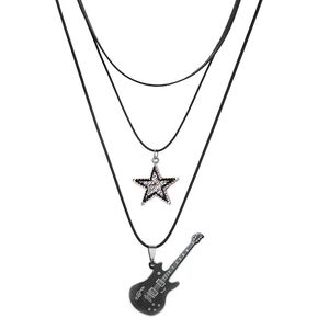 tenghong2021 Punk Star Guitar Pendant Necklace Choker Fasion Rock Roll Vintage Layered Necklace for Women Men Girls Teens Gift Unique Cool Eboy Egirl Bar Party Jewelry Accessories