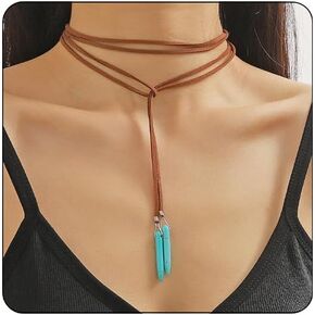 INENIMARTJ Boho Leather Necklaces for Women Suede Choker Necklace Vintage Bohemian Turquoise Necklace Layered Leather Choker Y-Necklaces Trendy Western Necklaces for Women Girls