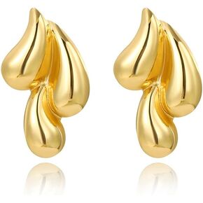 Gold Statement Geometric Earrings for Women Girls， Chunky Trendy Teardrop Stud Fashion Jewelry Gift