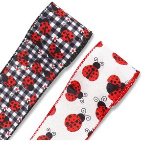 ABTOLS 2 Roll 10 Yards Ladybug Ribbons, 2.5" Black White Buffalo Plaid Wired Edge Burlap Ribbon Floral Ladybird Ribbon for Spring Party Decor Gift DIY Crafts Wreaths Bow