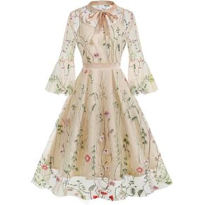 Women's 1950s Vintage Floral Embroidery Dress Illusion 50s Goth Flared Swing Dress Cocktail Party Wedding Dress