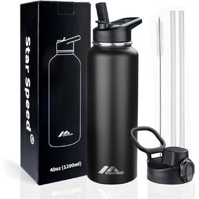 Insulated Water Bottle 32 oz, Stainless Steel Water Flask Double Walled Vacuum Water Jug, 32 oz Wide Mouth Sports Thermo Mug with Straw Spout Lids for Hot & Cold Liquid