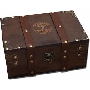 vuagmiv 8.3" Wood and Leather Chest Box, Yggdrasil Tree of Life Engraved Wooden Box with Velvet Lining, Wiccan Supplies and Tools Storage Box