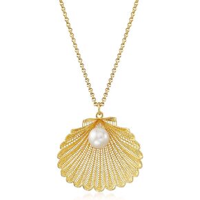 Ross-Simons Italian 7mm Cultured Pearl Seashell Pendant Necklace in 18kt Gold Over Sterling Silver. 18 inches