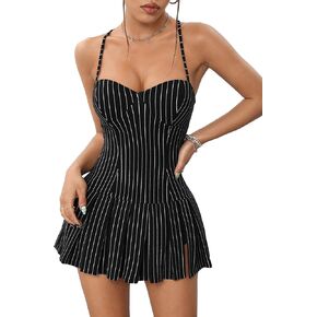 Floerns Women's Striped Print Spaghetti Strap Ruffle Hem Pleated Mini Cami Dress