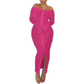 Mojessy Off Shoulder Ruffle Dresses for Women Sexy Long Sleeve Button Down See Through Bodycon Maxi Dresses
