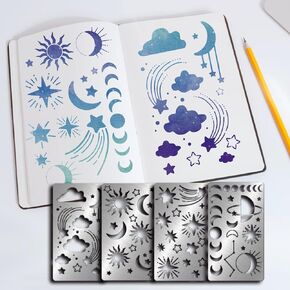 4 قطع من FINGERINSPIRE قالب استنسل معدني لموضوع الفضاء الكوني، (الشمس والقمر والنجوم والسحب) استنسل رسم من الفولاذ المقاوم للصدأ لسجلات القصاصات DIY لوازم تزيين القوالب المحفورة