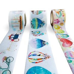 Navy Peony Hot Air Balloon and Fairytale Carriage Washi Tape Set (3 Rolls, 1.5 inches by 16 feet) - Waterproof, Wide, Watercolor | Cute Decorative Tape for Planner, Scrapbook, Craft and Journal