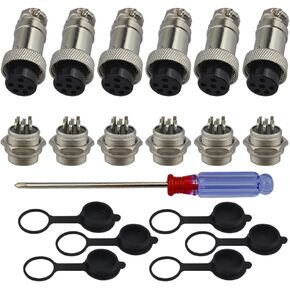 FULARR 6Pcs Premium GX16-6 Pin Aviation Connector Plug Adapter, 5A 16MM Thread Male Female Metal Panel Aviation Wire Connector Kit, with Rubber Protector Cap and Phillips Screwdriver