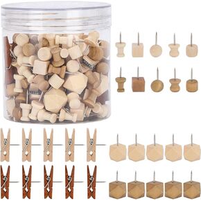 Wood Push Pins 200 Pcs Thumb Tacks in 2 Colors and 7 Types Push Pins for Bulletin Board and Crafts